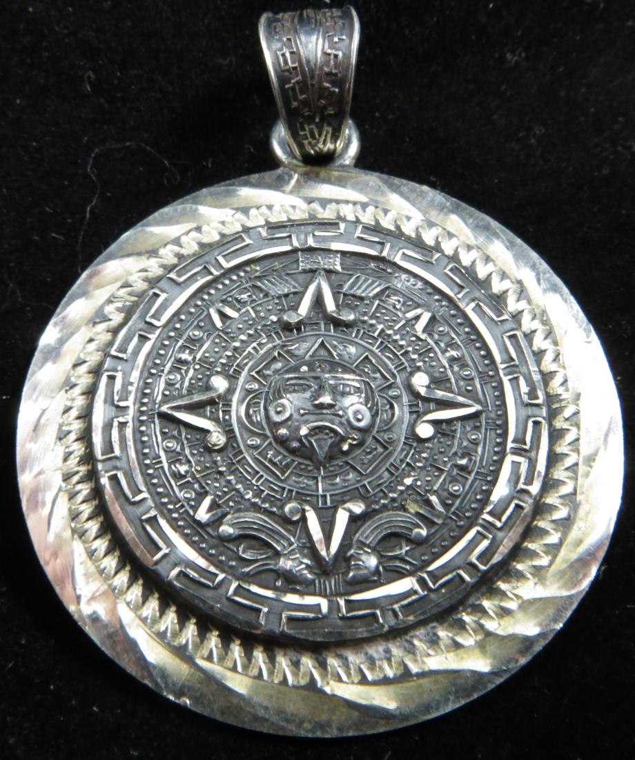 STERLING AZTEC CALENDAR DROP: Marked 925; Dia.-2", VG-EX