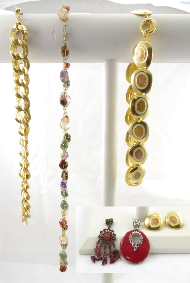 (6) PIECES ASSORTED COSTUME JEWELRY: Includes: (1) red disc form slide, enamel and silvertone; (1) goldtone slide with red beads and red stones; (1) goldtone link choker, signed Monet, L-21"; (1) goldtone necklace, set with cabochon ston