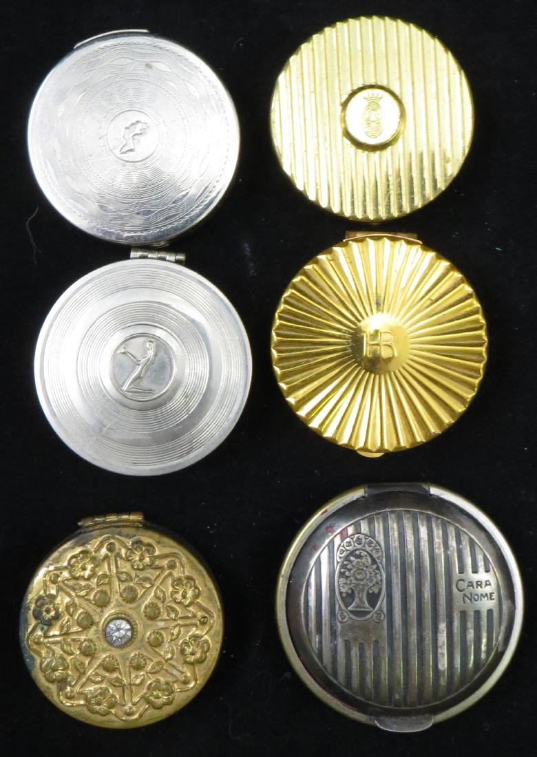 (6) ROUND ROUGE COMPACTS: (3) silvertone and (3) goldtone; (1) goldtone Helena Rubinstein - radiating pattern with central "H.R.", retains puff and some rouge; (1) goldtone Coty - SUB-DEB-AIRSPUN rouge, Soleildor - NY, striped