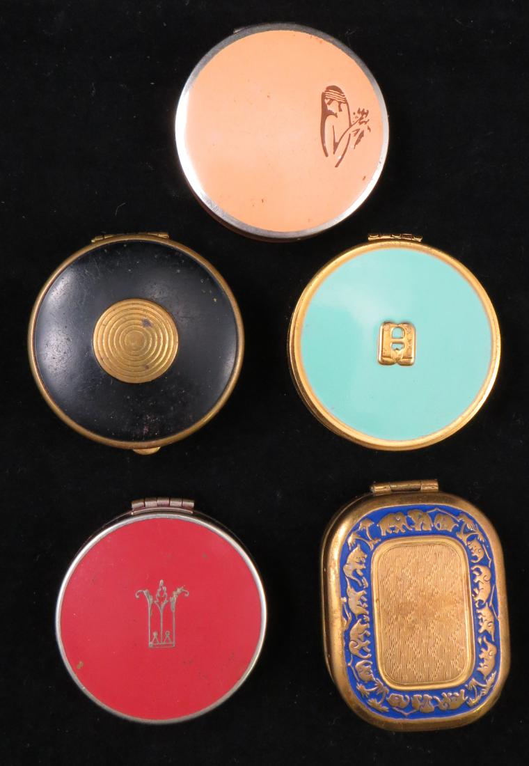 (5) ENAMELED ROUGES & COMPACTS: (1) red enamel with silvertone - Charles of the Ritz NY, retains puff, no rouge; (1) peach enamel with silvertone border - brown painted bottom, mirror crazed, rouge spotty, no puff, sticker on bottom