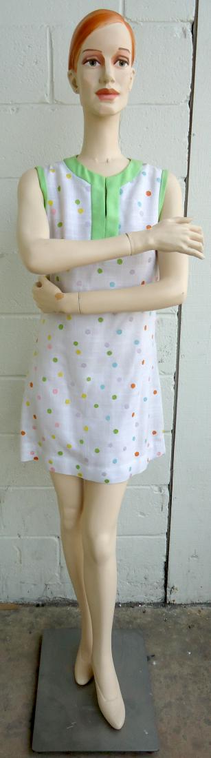VINTAGE LINEN POLKA DOT DRESS: Sleeveless dress, unlined, zipper back; no tags; L-32", size 8-10, G-VG