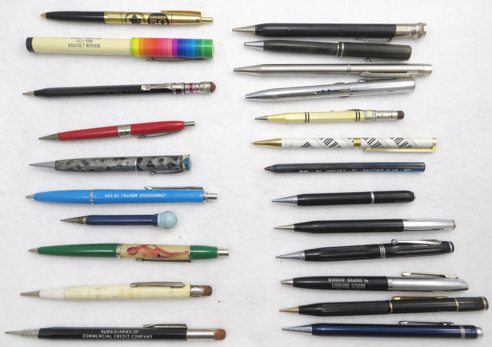 (23) VINTAGE MECHANICAL PENS & PENCILS: Some with advertising; (15) pencils include: "Norma" four color lead; Dixon Rite-Rite; Wearever; Autopoint; Arnold, etc.; (8) Pens, include: Ballograf Epoca, made in Sweden 543.43 Tillhor Statsverket;