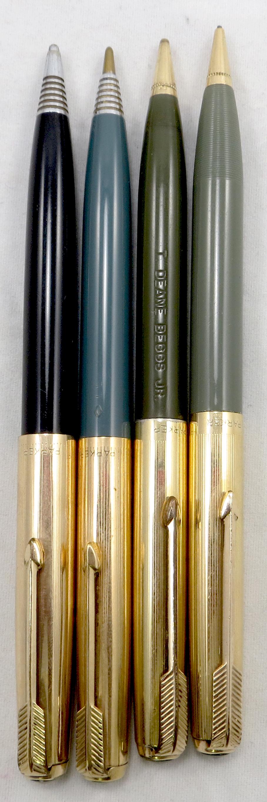 (4) PARKER '51' PENCILS: Jewel top, gold filled; (1) black barrel has repeater cap, small dent; (3) twist action, 1-uses Parker Liquid Lead cartridge; L-5 1/4", VG-EX