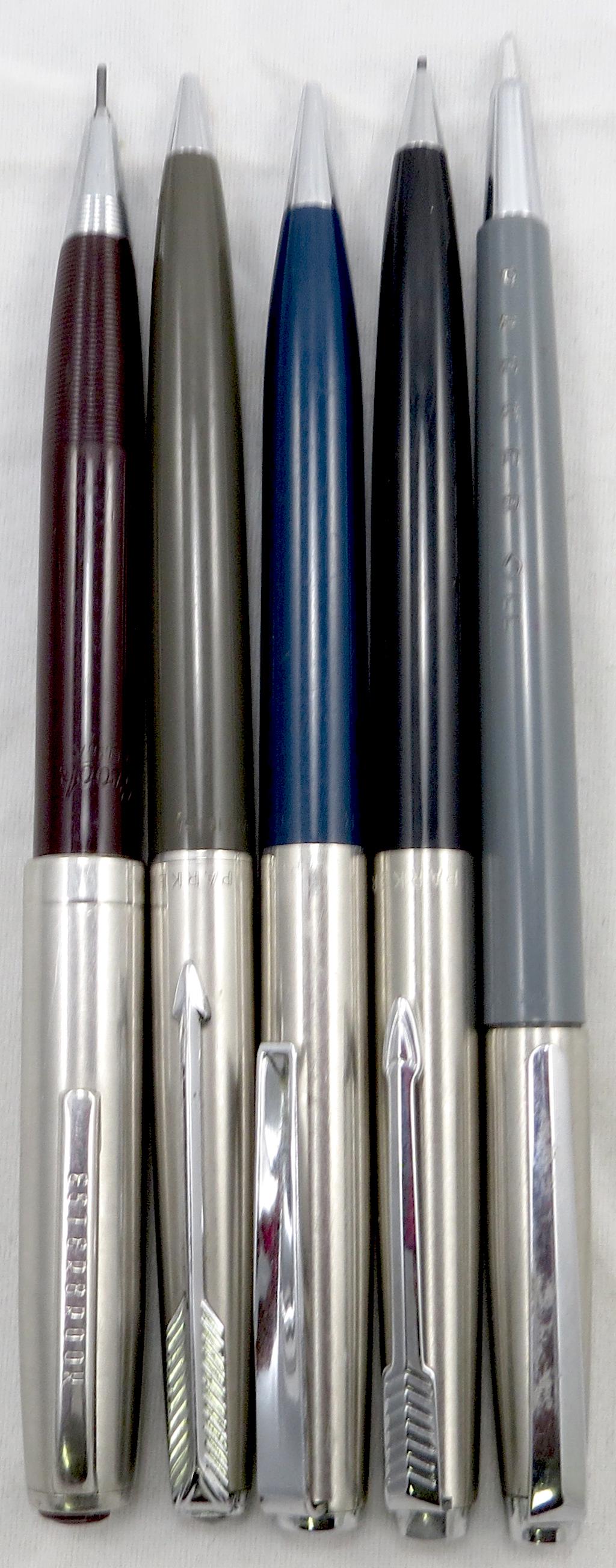 (5) PARKER & ESTERBROOK PENCILS: (1) Esterbrook - dark brown with click top; (4) Parker, 2- have possibly replaced clips, (1) grey barreled pencil, takes a Parker "Liquid Lead" cartridge; L-5", F-VG