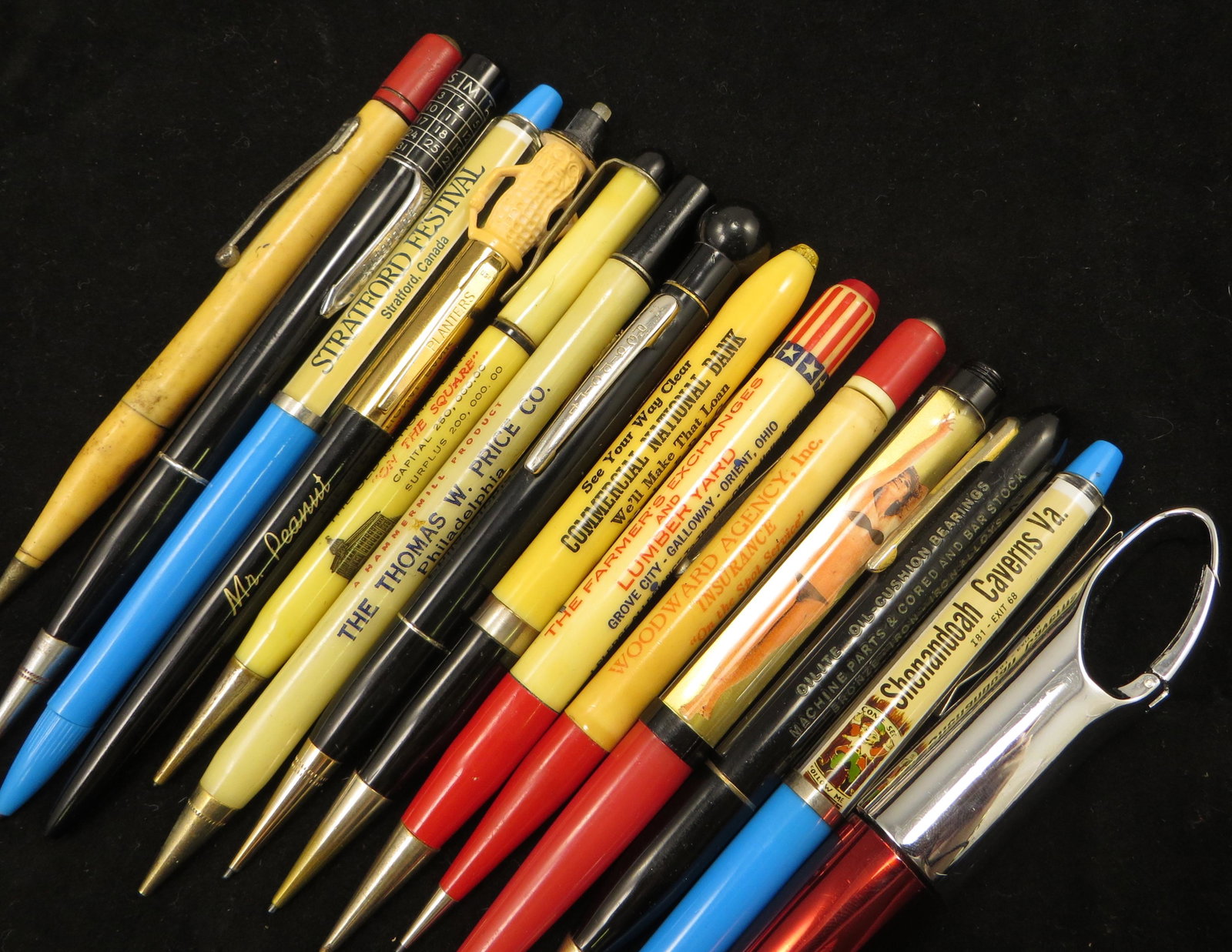 (14) VINTAGE ADVERTISING, ETC. PENS/PENCILS: (1) Farmer's Exchanges and Lumber Yard - Grove City, Galloway-Orient Ohio, "Pledge Allegiance" pencil; (1) Mr. Peanut ballpoint - "Planters"; (1) Redipoint "8 ball" top pencil; (1) "The Old National B