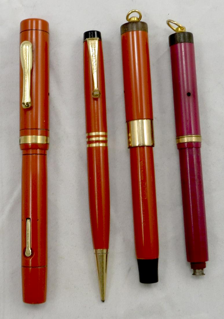 (4) VINTAGE FOUNTAIN PENS, PENCIL - CONKLIN/PARKERS: Includes: (1) Conklin Endura RHR with inlaid bands, some losses to cap edge; (1) Parker Duofold with ring top, wide band, (1) Parker Duofold "Streamline" mechanical pencil; (1) Parker Duofold "Lucky C