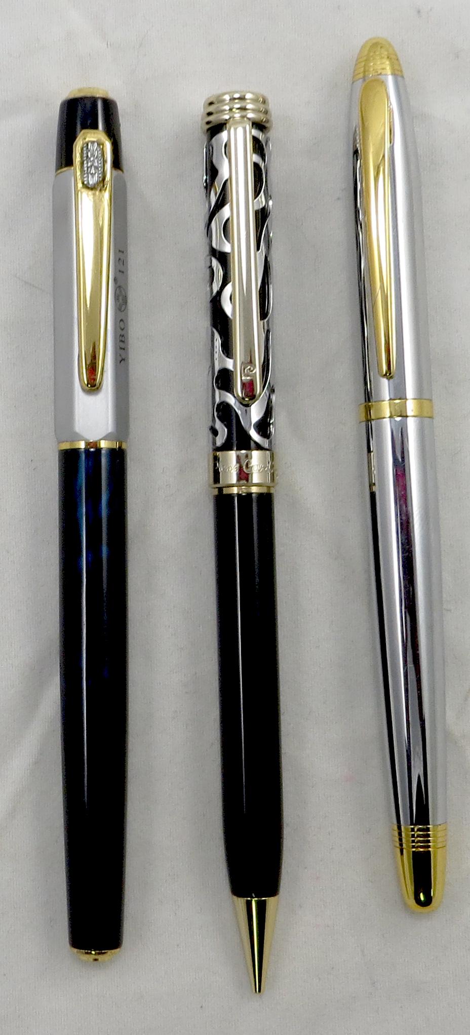 (3) CONTEMPORARY WRITING INSTRUMENTS: Includes: (1) Yibo #121 fountain pen - blue pearl barrel, silver matte cap; (1) Pierre Cardin mechanical pencil - black with silver colored metal overlay on cap; (1) Penatia polished chrome fouantain 