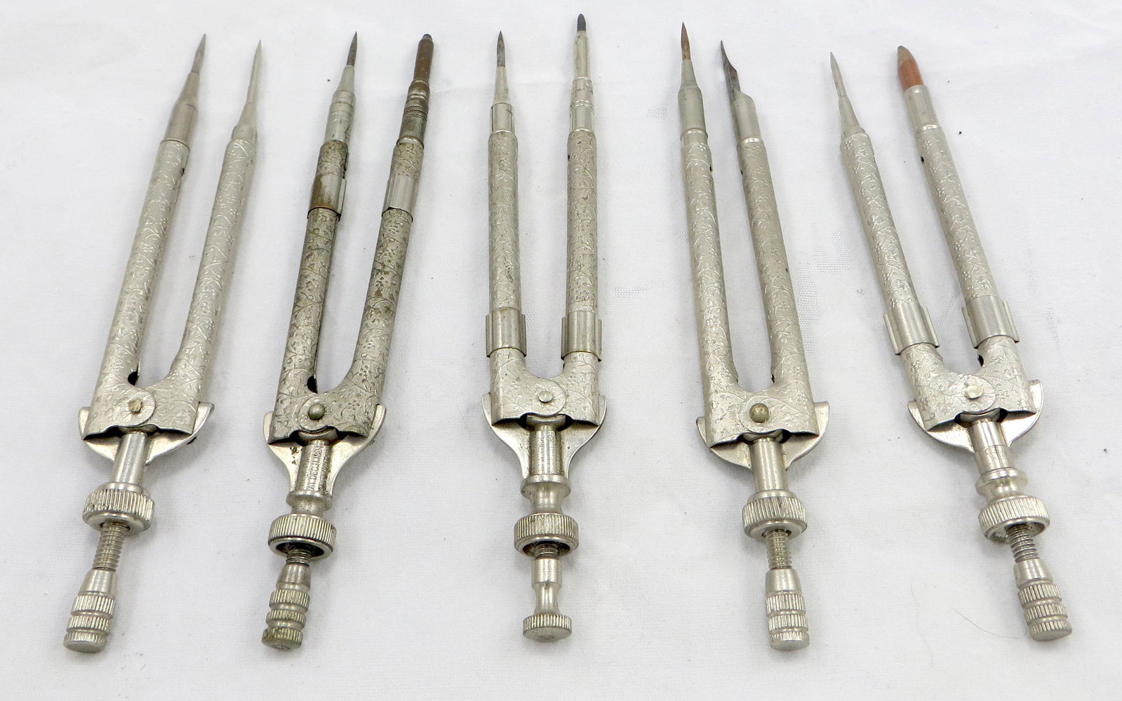 (5) ANTIQUE COMPASSES: (2) marked Eagle Pencil Co. 1894; tips vary; minor discoloration or rusting; L-6", G-VG