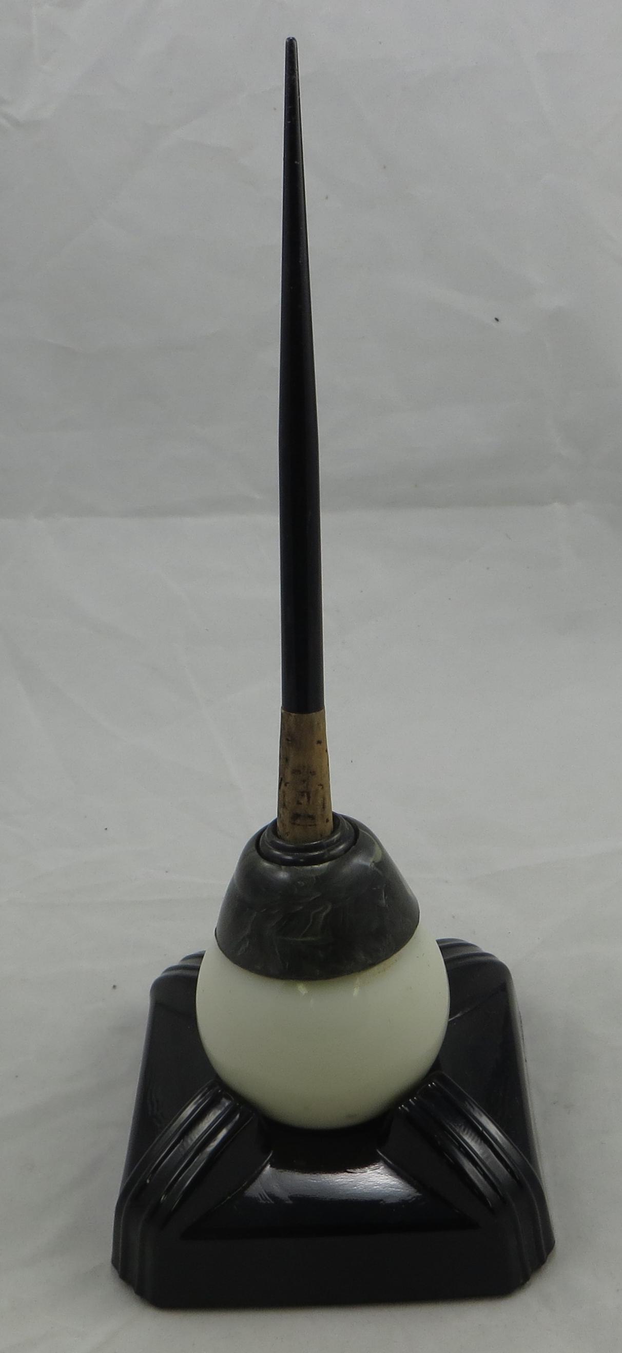 SWIVODEX "ZEPHYR" PEN HOLDER: Black glass base with milk glass receiver; Art Deco styling; swirled plastic fitting; base 4 1/4" x 4 1/4", EX