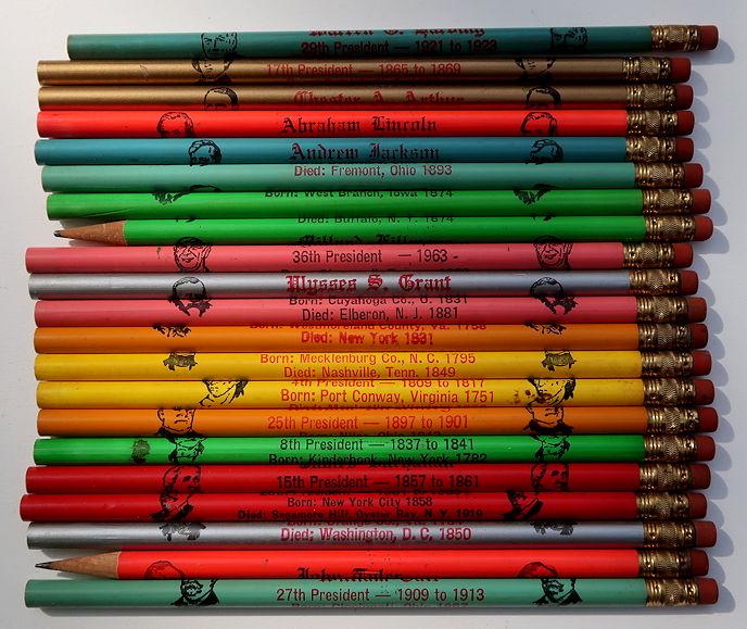 (19) Vintage Presidential Lead Pencils Abraham Lincoln: Approximately 19 Vintage Lead Pencils depicting various past American Presidents. Represented here is Abraham Lincoln, Ulysses S. Grant, William Taft, Theodore Roosevelt, William McKinley, James Bucha