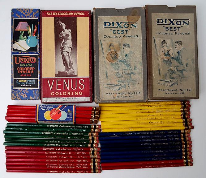 Antique Color Pencil Sets & Old New Stock Lead Pencils: Lot of Color Pencils. Two Sets of Dixon “Best” Colored Pencils, Circa 1910; Art Deco Venus Unique Colored Pencils, Circa 1925; American Pencil Co Venus Coloring Pencil Set, Eberhard Faber Mongol R