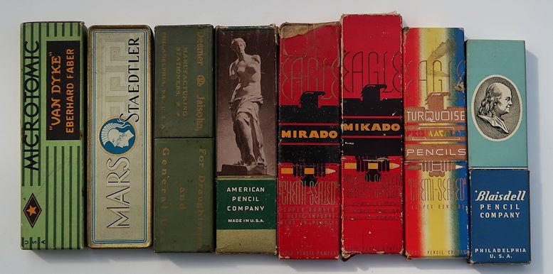 Vintage ONS Drafting & Writing Lead Pencils Near Mint: Eight Vintage and Antique Boxes of Drafting & Writing Pencils NMIB. Left to Right: Eberhard Faber green litho cardboard box containing 5 “Van Dyke” pencils, MARS Staedtler Tin Litho Box containing