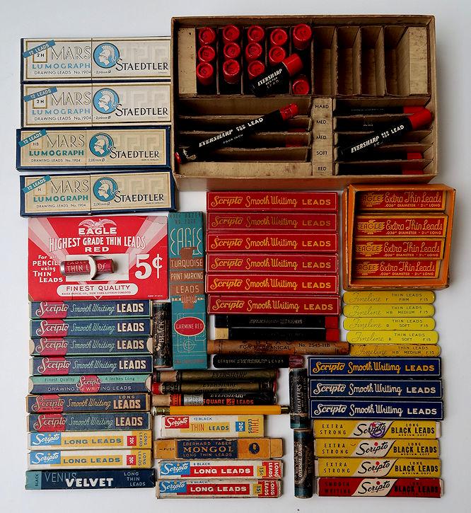 Old New Stock Mechanical Pencil Lead Tins & Litho: Approx. 70 Vintage and Antique Old New Stock Mechanical Pencil Packages of Replacement Lead by almost every recognizable pencil manufacturer. Staedtler of Germany, Eagle, Scripto, Venus, & Many others
