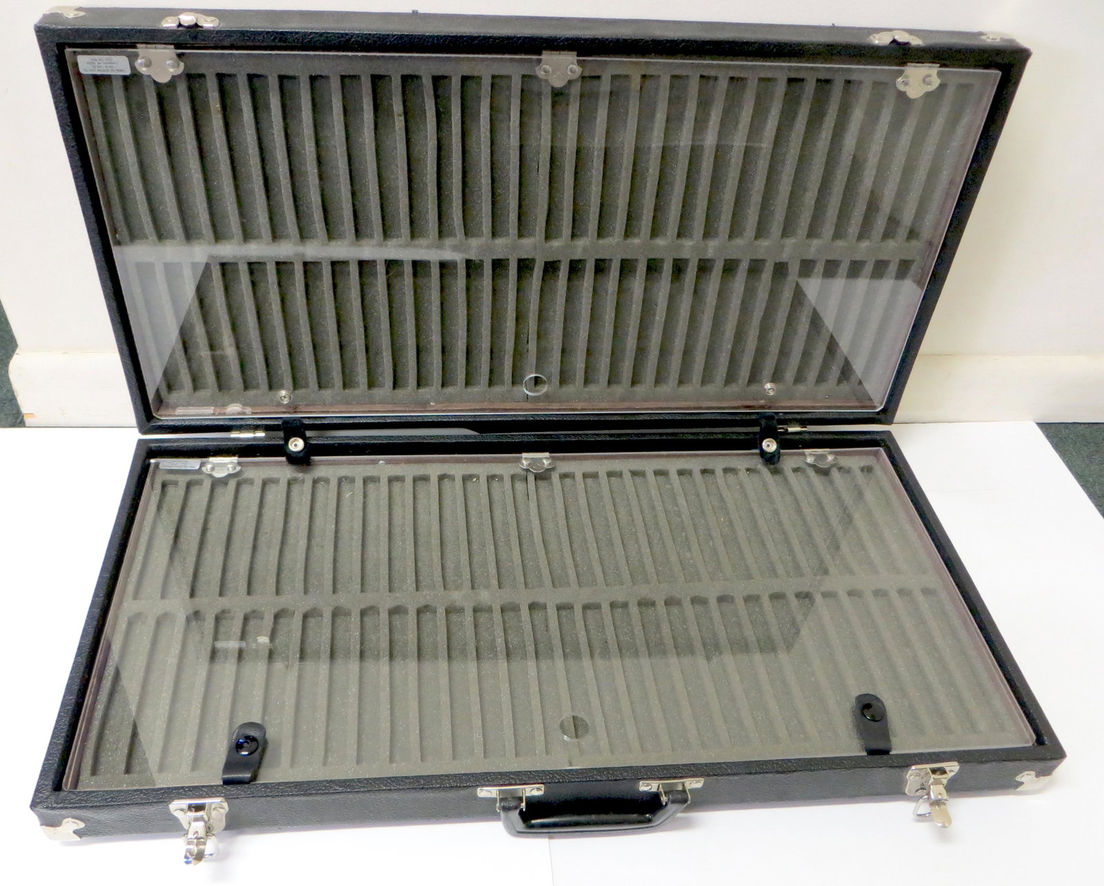 CUSTOM CARRY CASE for PENS: Made by Caroline Custom Case Co.; foam interior outfitted to hold pens and pencils (120); plexiglas lifts up; case can come apart to act as two displays; 28 1/2" x 14", G-VG