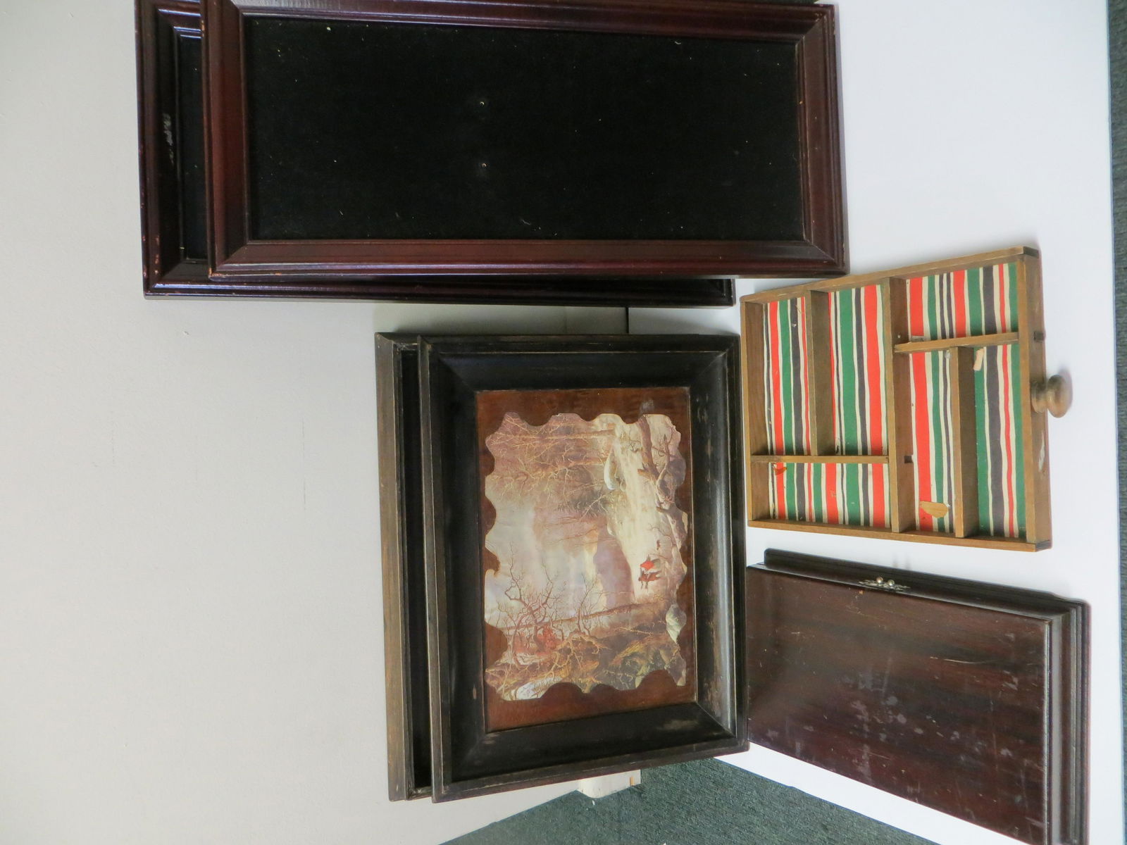 (5) PEN DISPLAYS/BOXES, ETC.: Mostly home-made or adapted from their prior use: (1) wood shallow lidded box with applied decoupage snow scene, great storage for pens, paper, etc., L-17"; (2) narrow wall frames with velvet lined in