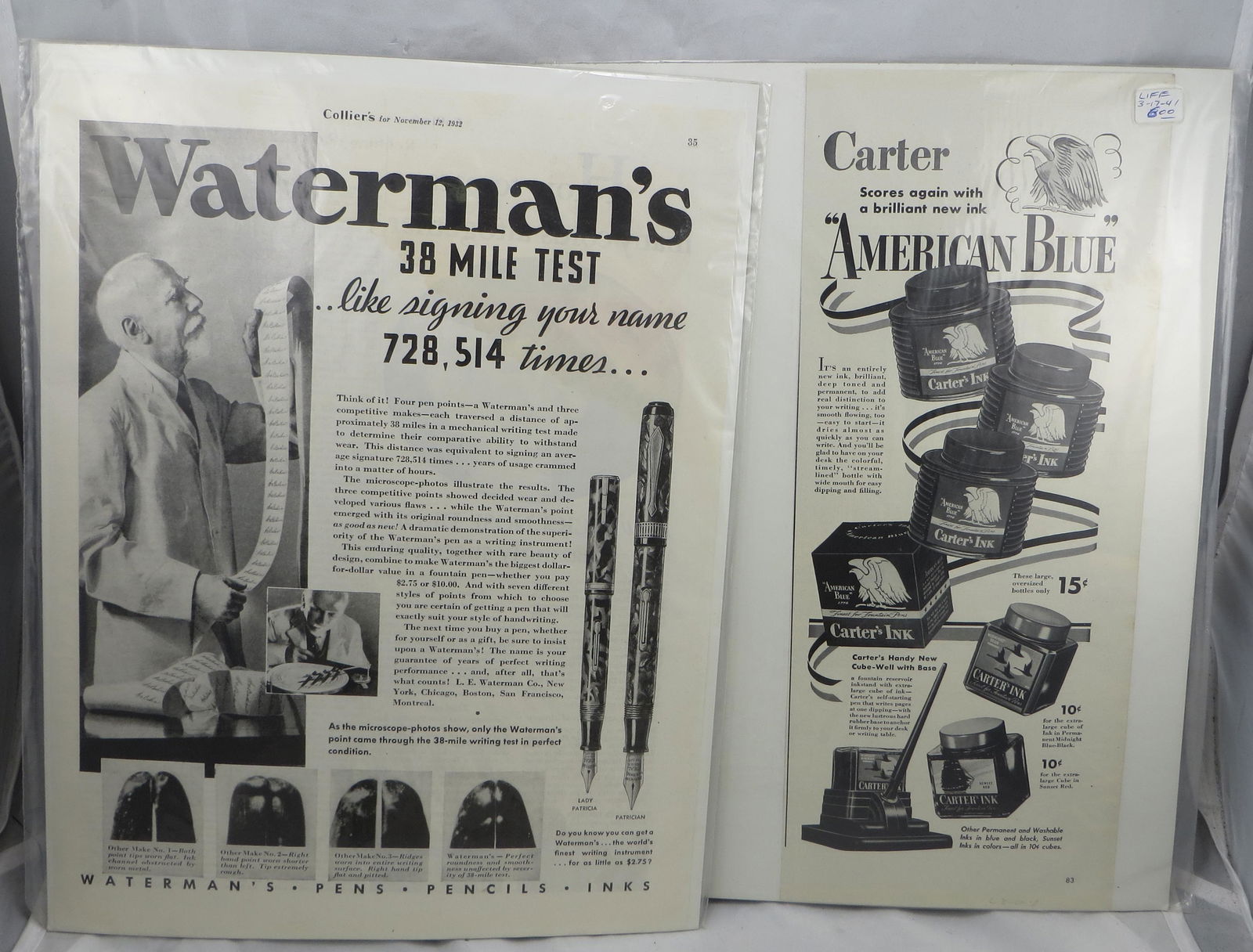 (50+) PCS. PEN ADVERTISING EPHEMERA: Mostly vintage; including: Mont Blanc; 1956 gift catalog; Watermans; Sheaffers; Carters, etc.; 16" x 12", G-VG