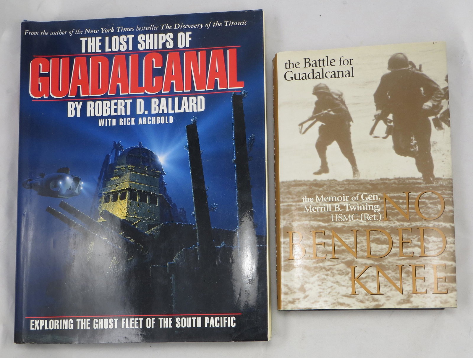 (2) WW2 BOOKS ON GUADALCANAL, TWINING & LOST SHIPS: (1) Twining, Merrill B.; "No Bended Knee - The Battle for Guadalcanal; "edited by Neil Carey; Presidio Press; 1996; retains dust jacket; front flyleaf has typed letter from M. B. Twining, Lieutenant G