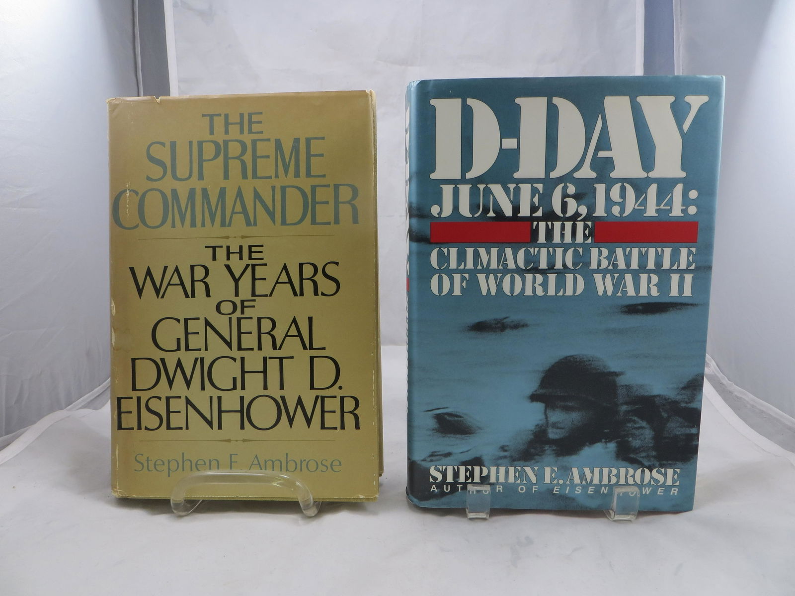 WWII BOOKS, SIGNED STEPHEN AMBROSE, SUPREME COMMANDER &: Ambrose, Stephen; "The Supreme Commander - The War Years of General Dwight D. Eisenhower"; Garden City, New York; Doubleday and Company; 1970; retains dustjacket; [732 pgs]; signed bookplate on half-t