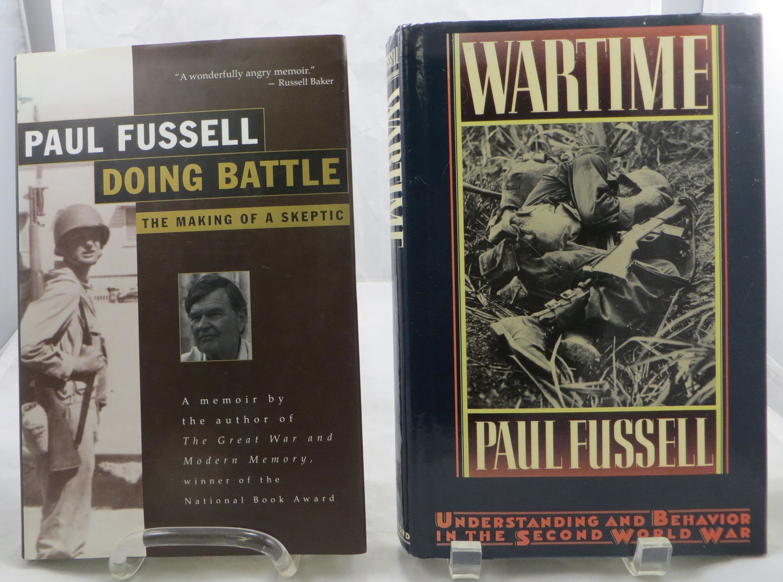 (2) WW2 BOOKS, PAUL FUSSELL, SIGNED: (1) Fussell, Paul; " Wartime - Understanding and Behavior in the Second World War"; New York; Oxford University Press; 1989; likely first edition; retains dust jacket; [330 pgs]; signed bookplate adhe