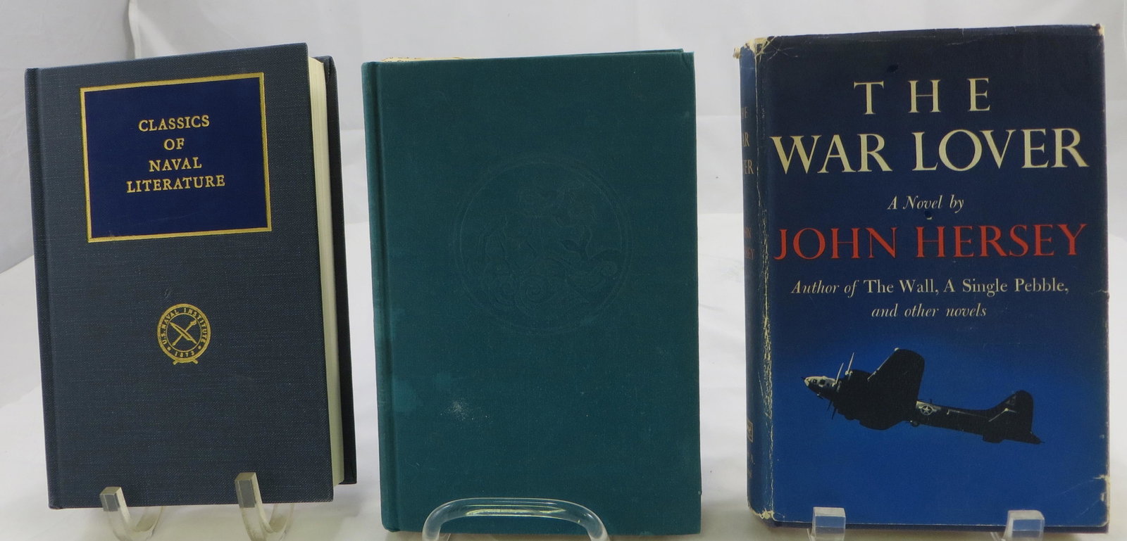 (3) WORLD WAR 2 FICTIONAL NOVELS: HERSEY, BEACH,: (1) Monsarrat, Nicholas; "The Cruel Sea"; Alfred A. Knopf, New York; 1955; 23rd printing; [510 pgs]; green hardcover with embossed mermaid medallion; pasted-in signature of the author on front flyleaf