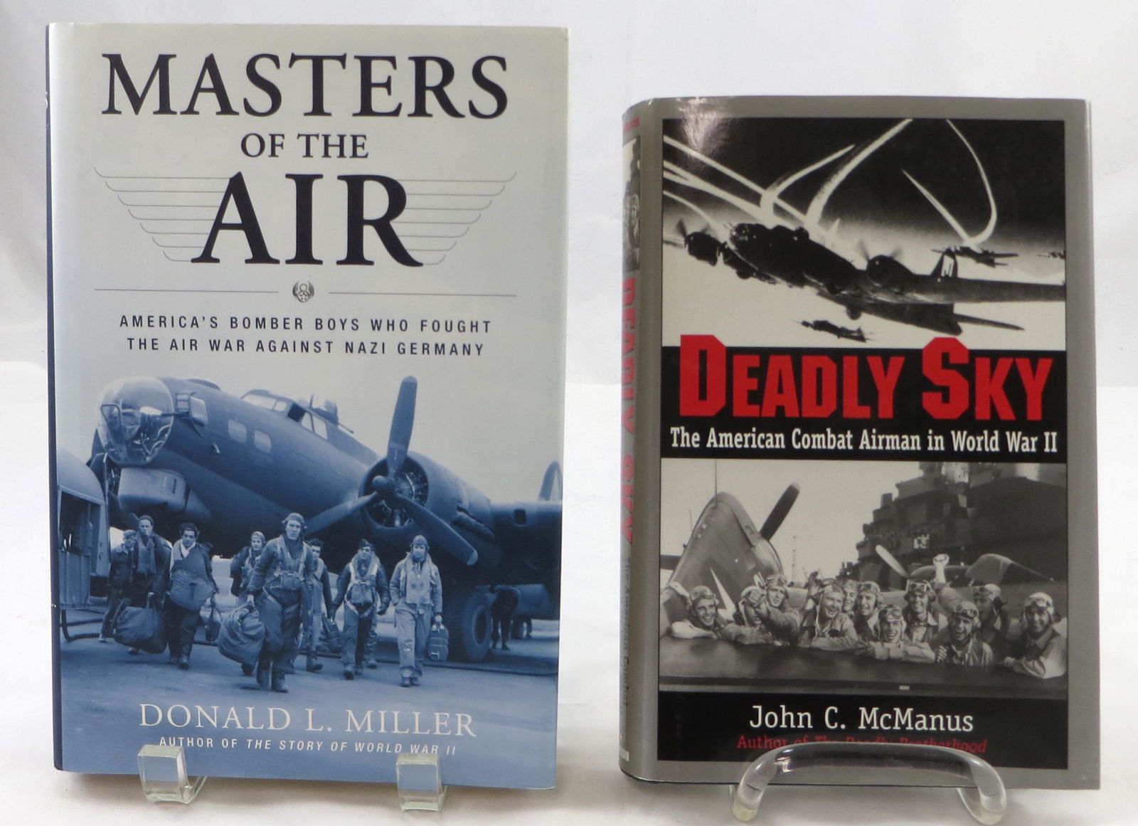 (2) WW2 AVIATION RELATED BOOKS - McMANUS & MILLER,: (1) McManus, John C.; "Deadly Sky- The American Combat Airman in World War II"; Presidio; 2000; retains dust jacket; [435 pgs]; author signed bookplate on half title page; small toothmarks on dustjake