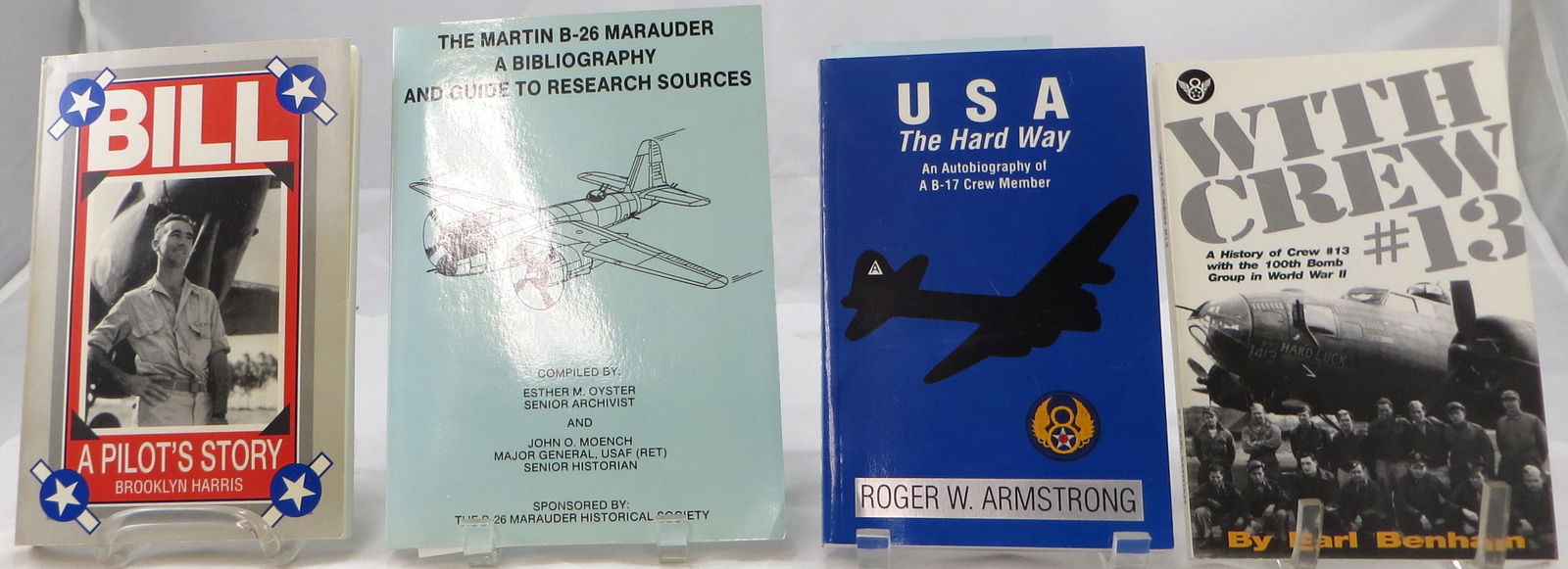(4) SOFTCOVER WORLD WAR 2 BOOKS, SIGNED - BENHAM,: (1) Benham, Earl; "With Crew #13 - A history of Crew #13 with 100th Bomb Group"; self published, 1990; [158 pgs]; signed on half-title page; 8 1/4" x 5 1/2"; (1) Harris, Brooklyn; "Bill - A Pilot's St