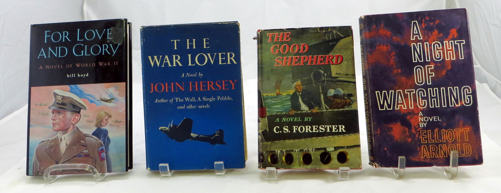 (4) WORLD WAR 2 BOOKS - VARIOUS NOVELS: (1) " A Night of Watching", Elliott Arnold, 1967; (1) " The War Lover", John Hersey, 1959; (1) " The Good Shepherd", C S Forester, 1955; (1) " For Love And Glory", Bill Boyd, 2000 , 1st ed.; All with