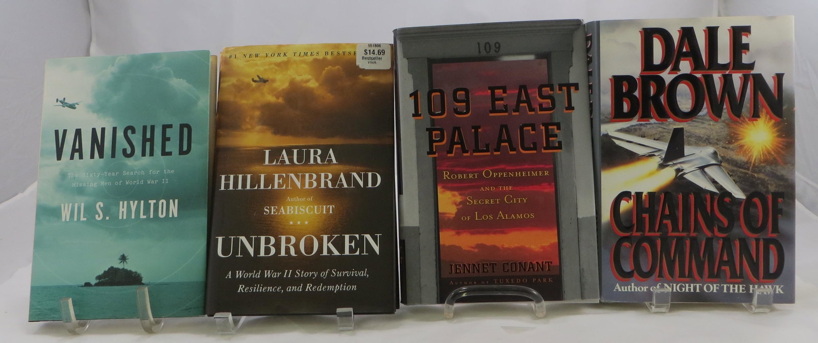 (4) WW 2 BOOKS - VARIOUS WAR NOVELS: (1) " Vanished", Wil S. Hylton, 2013; (1) "Unbroken", Laura Hillenbrand, 2010; (1) "Chains Of Command", Dale Brown, 1993; (1) "109 East Palace", Jennet Conant, 2005, Probably First Editions, All with 
