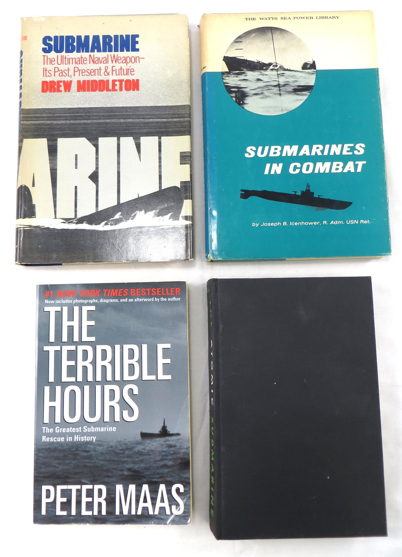 (4)WORLD WAR II BOOKS - SUBMARINES: (1) "Submarines In Combat", Joeph B Icenhower, 1964 First Printing; (1) " Submarine The Ultimate Naval Weapon - It's past, Present & Future", Drew Middleton, 1976; (1) ' The Terrible Hours", Peter Maa