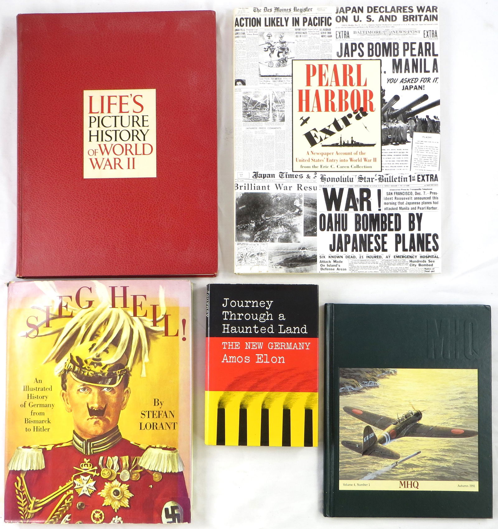 (5) WW II BOOKS - GERMANY, PEARL HARBOR & HISTORY: (1) "Journey Through a Haunted Land - The New Germany", Amos Elon, 1967; (1) " MHQ; The Quarterly Journel of Military History", 1991 Vol. 4, NO. 1.; (1) "Sieg Heil", Stefan Lorant, 1974 1st. Ed. ; (1)