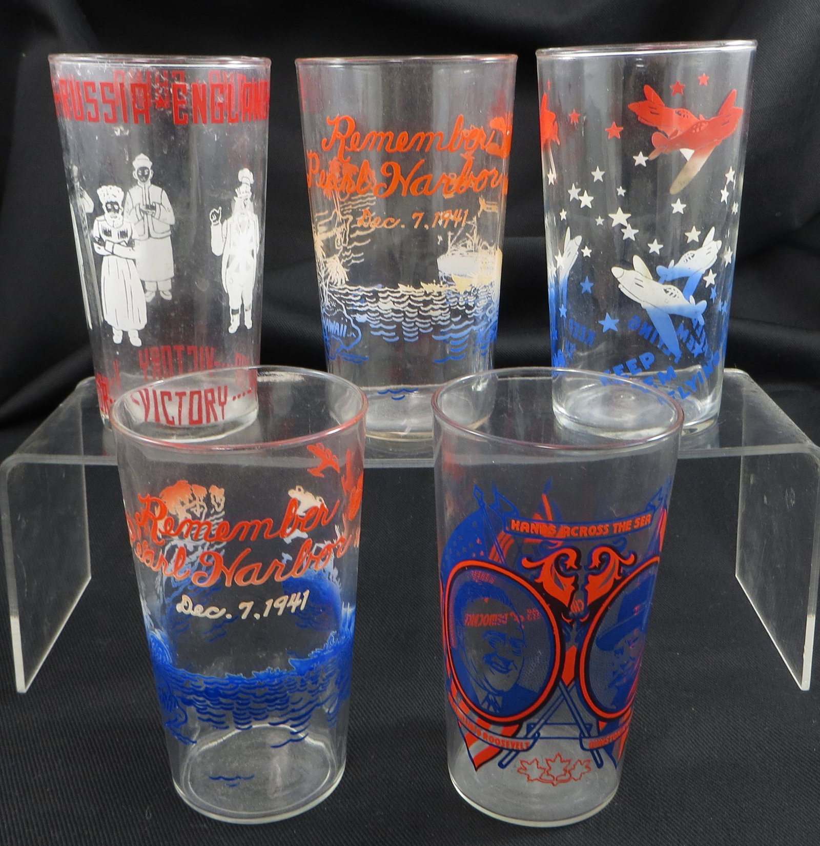 (5) WWII SOUVENIR GLASSES: (2) Remember Pearl Harbor; (1) Keep 'em Flying; (1) V for Victory; (1) Champions of Democracy; H-4 3/4, G-VG