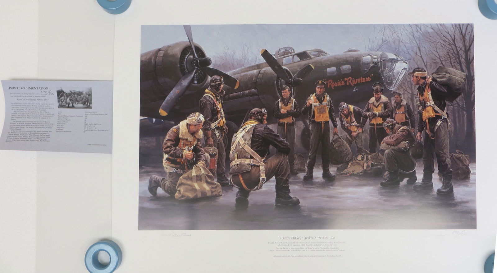 WWII GIL COHEN PRINT, SIGNED - ROSIE'S CREW: Artist signed, limited edition 598/900 "Rosie's Crew / Thorpe Abbotts 1943", published by Knightsbridge Press, Doylestown, PA; countersigned by Robert "Rosie" Rosenthal, who was one of the most decora