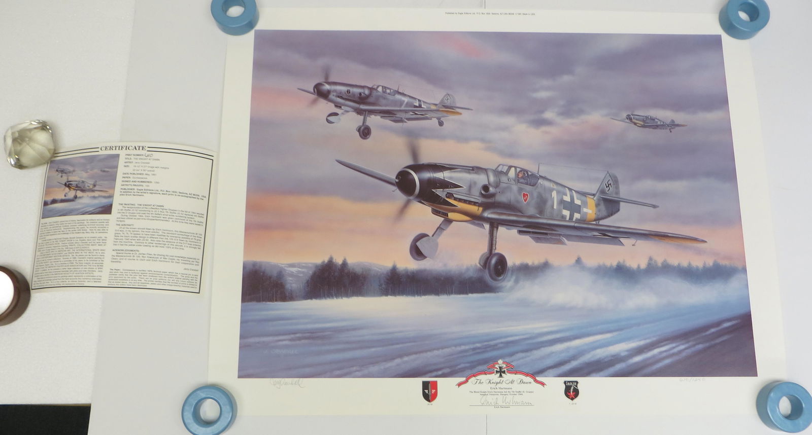 WWII JERRY CRANDALL PRINT, SIGNED, HARTMANN: Artist signed, limited edition 610/1250; "The Knight at Dawn", co-autographed by the pilot, Erich Hartmann; has certificiate of authenticity; EX-NM