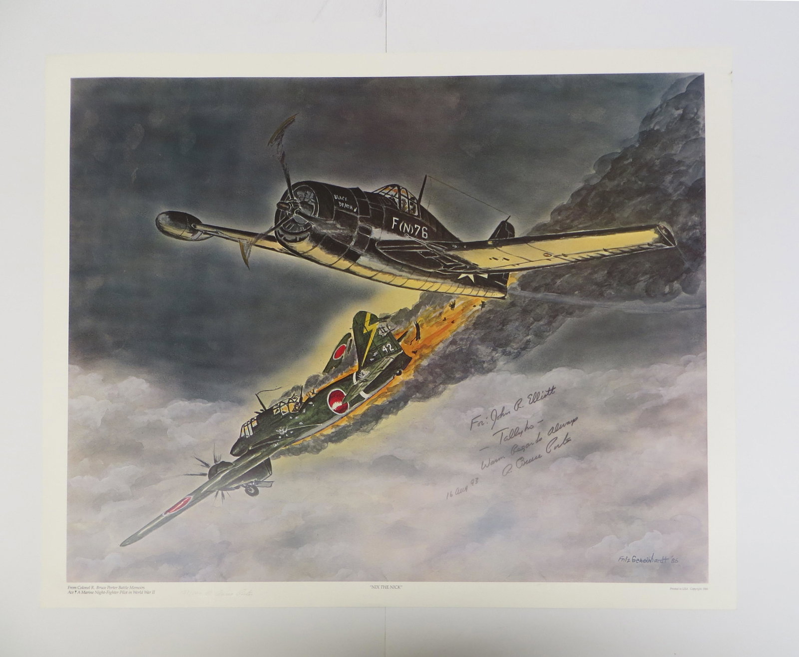 (2) WWII FRITZ GEMEINHARDT PRINTS - PORTER, SIGNED: Artist signed, limited edition; (1) "Two for the Price of One", signed by R. Bruce Porter, a Marine night-fighter pilot 173/500; additionally dedicated to John R. Elliott and signed a second time by R