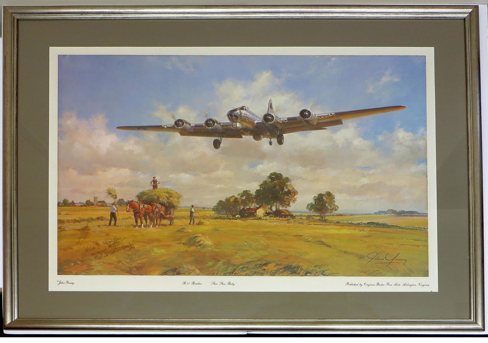 WWII SIGNED JOHN YOUNG PRINT "SHOO SHOO BABY": "Shoo Shoo Baby", B17 Bomber / Flying Fortress - published by Virginia Baden Fine Arts; signatures include: 1st Pilot - Paul C. McDuffee; Tailman - Edward Gallegher; Radio - Charles (Dick) R. Bosman;
