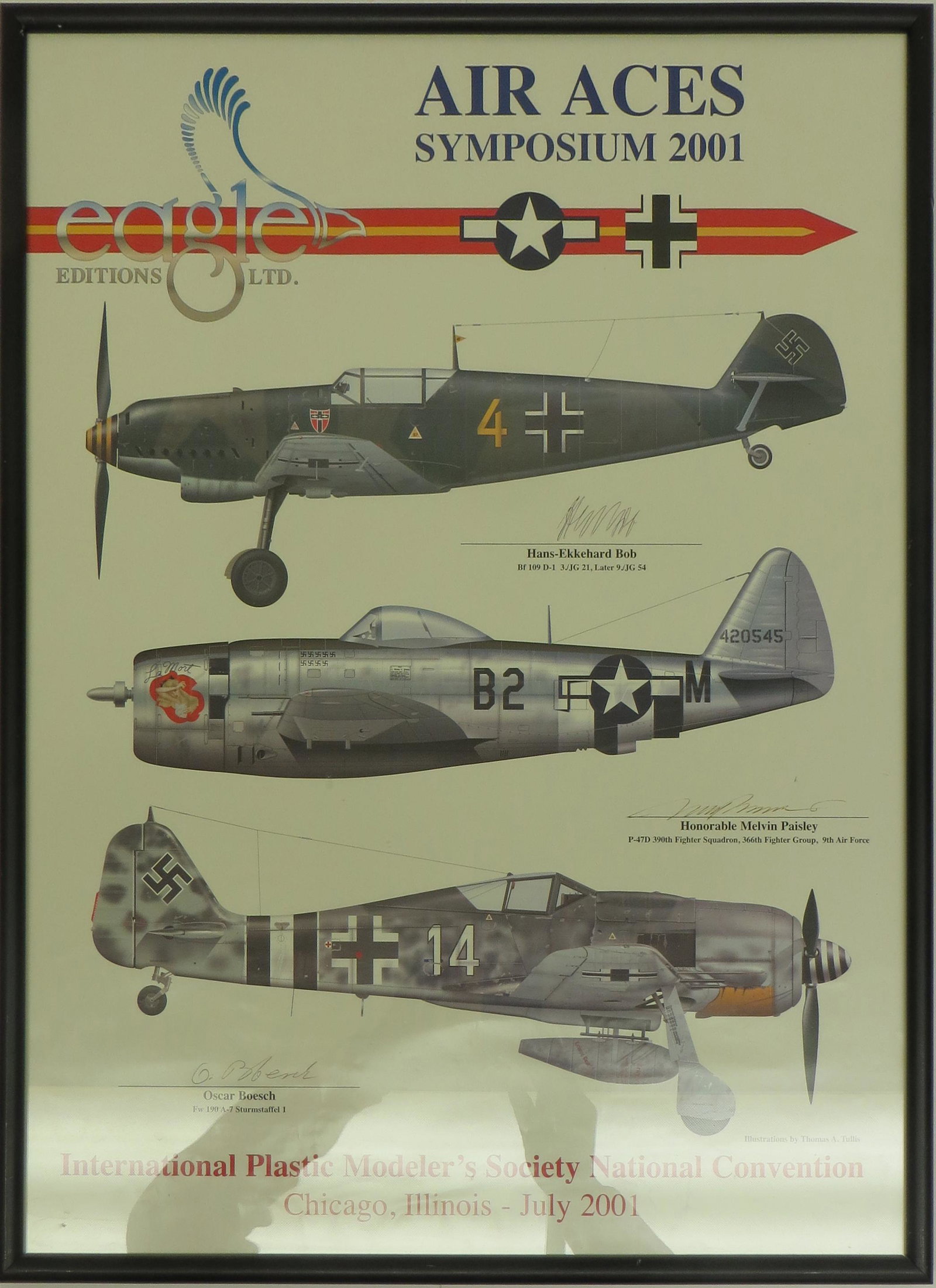 (4) WWII NATIONAL CONVENTION SIGNED POSTERS: International Plastic Modeler's Society National Convention - Eagle Editions, Ltd.; (2) framed: Illustrations by Thomas A. Tullis - (1) "Air Aces" Orlando Florida July 1999-signatures by Franz Stigler