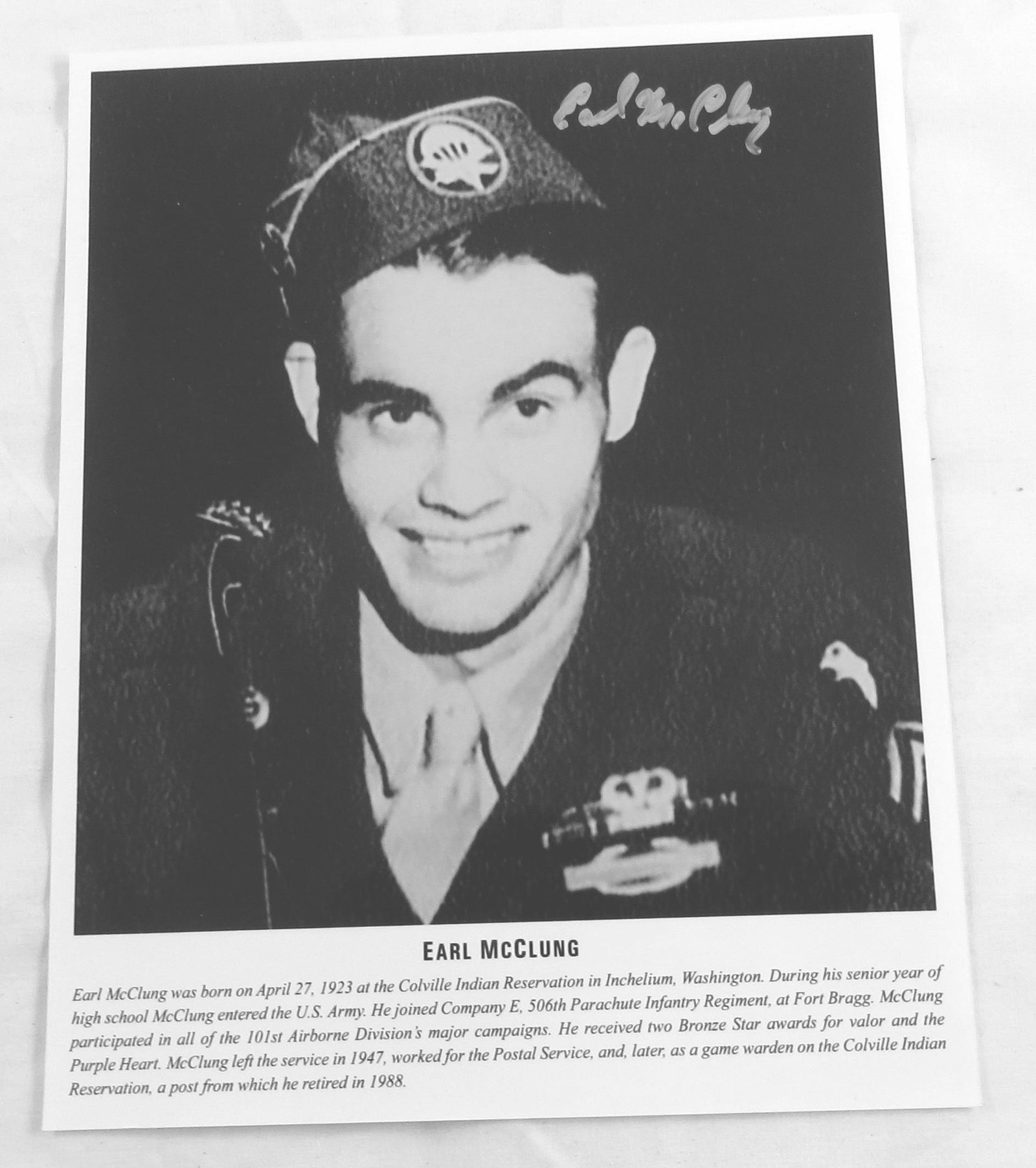(2) WWII "BAND OF BROTHERS" SIGNED PORTRAIT PHOTOS: (1) Buck Compton, (1) Earl McClung; 8" x 10", VG-EX