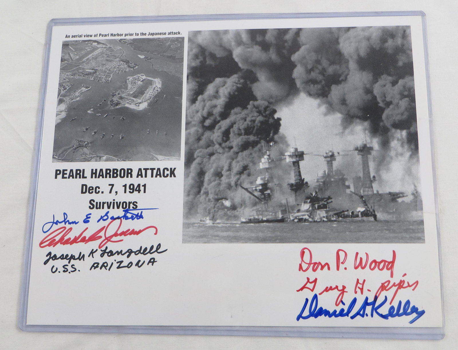 WWII PEARL HARBOR ATTACK with SURVIVOR SIGNATURES: Signatures include: Joseph K. Langdell: USS Arizona; Don P. Wood, Daniel Kelly, etc.; includes statement of authenticity; 8"x 10", VG-EX