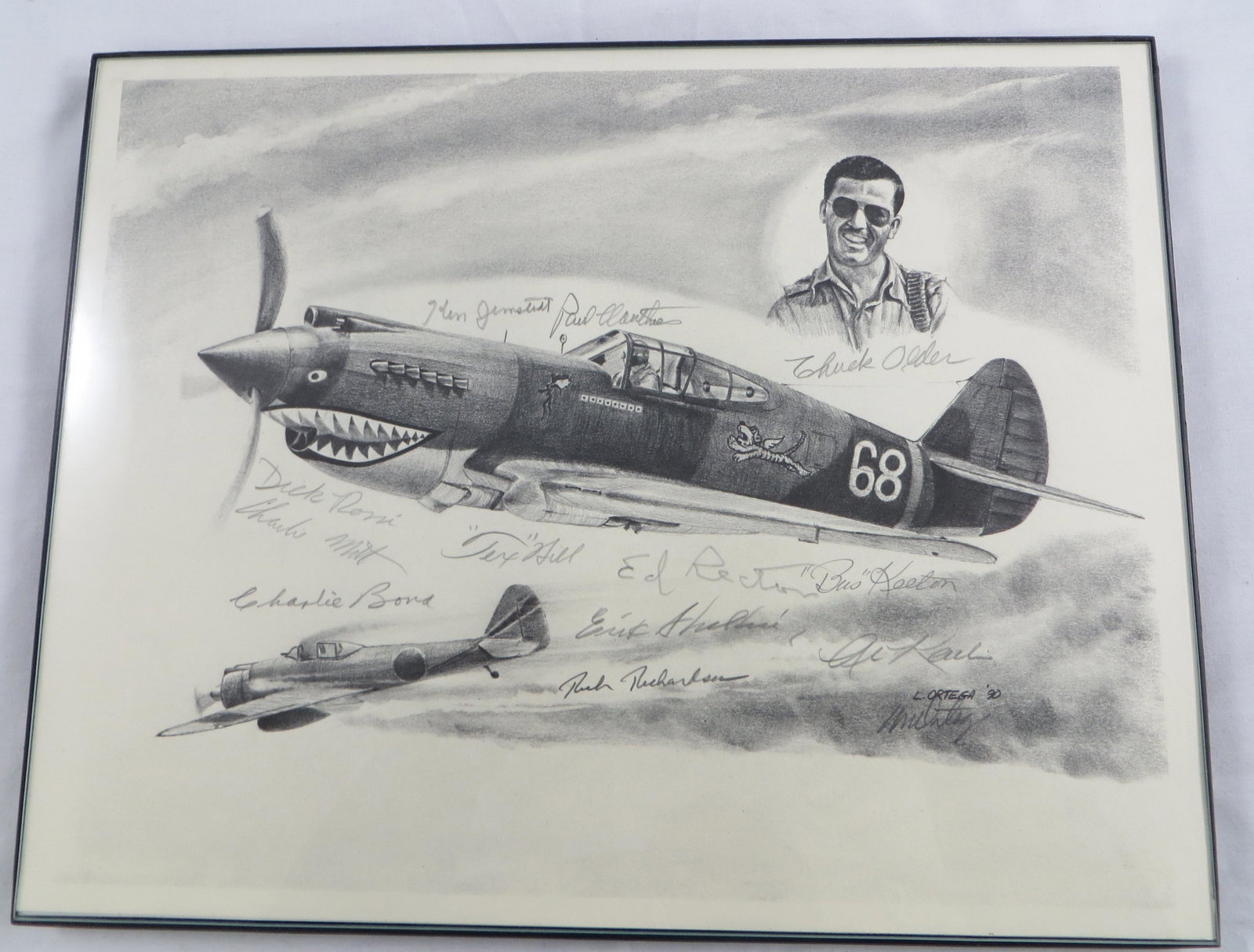 WWII SIGNED FLYING TIGER PRINT: By L Ortega (artist signed) and additionally signed by: Charlie Bond, Dick Rossi, Charles Mott, "Tex" Hill, Al Kailin, Rich Richardson, Ed Rector, Chuck Older, Paul Clouthier, Ken Jernstedt, Erik Shil