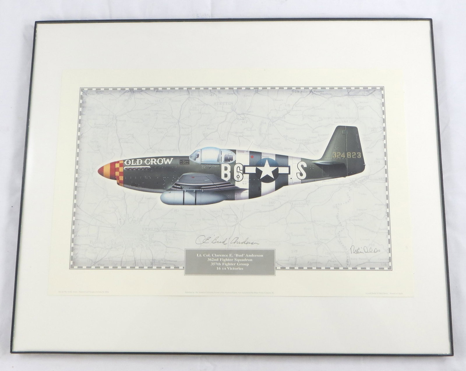 (2) SIGNED WWII POSTERS: (1) Air Aces Symposium 1998 - Illustrations by Thomas A. Tullis, Santa Clara California, (4) signatures including Jerry Collinsworth and Bernard Knoll; (1) "Old Crow" - Air War Profile Series; signed 