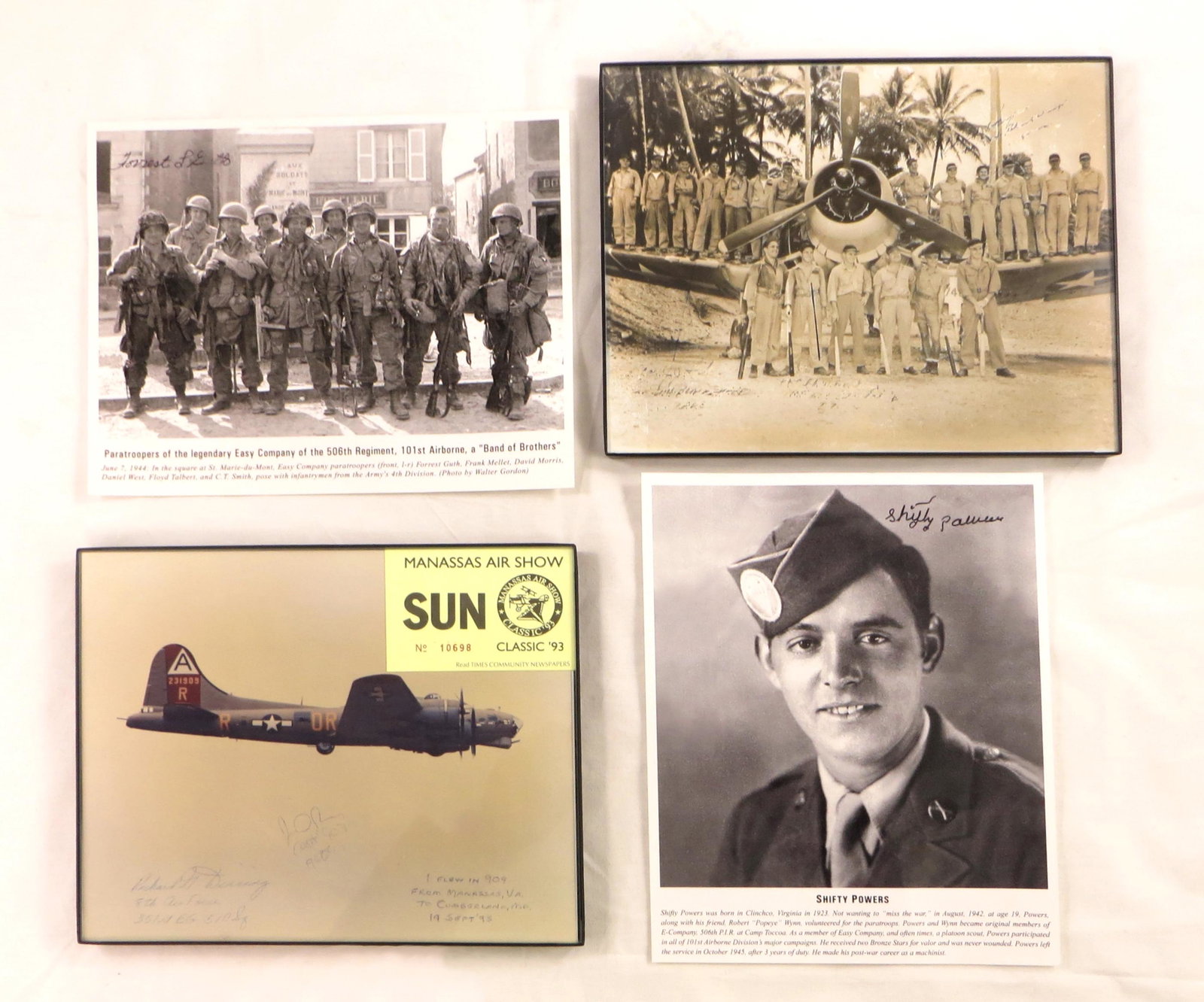(4) WWII PHOTOGRAPHS /AUTOGRAPHS: POWERS, BLACK SHEEP: (1) Paratroopers of 506th Regiment, 101st Airborne, "Band of Brothers" signed by Forrest Guth; (1) Shifty Powers, signed by Shifty Powers, who participated in 101st Airborne division's major campaigns
