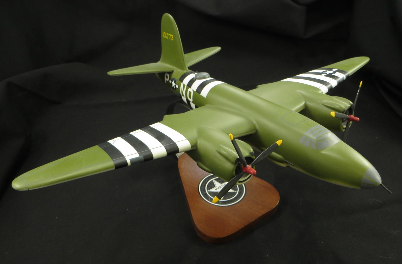 WWII BOMBER AIRCRAFT MODEL B-26 MARAUDER: Flak-Bait 200 - PN - O; Tail #131773; Martin USA base; plastic and wood with metal base; (2) propellers, 1-blade missing and 1-blade unattached; 1-blade has small split in tip; original aircraft holds