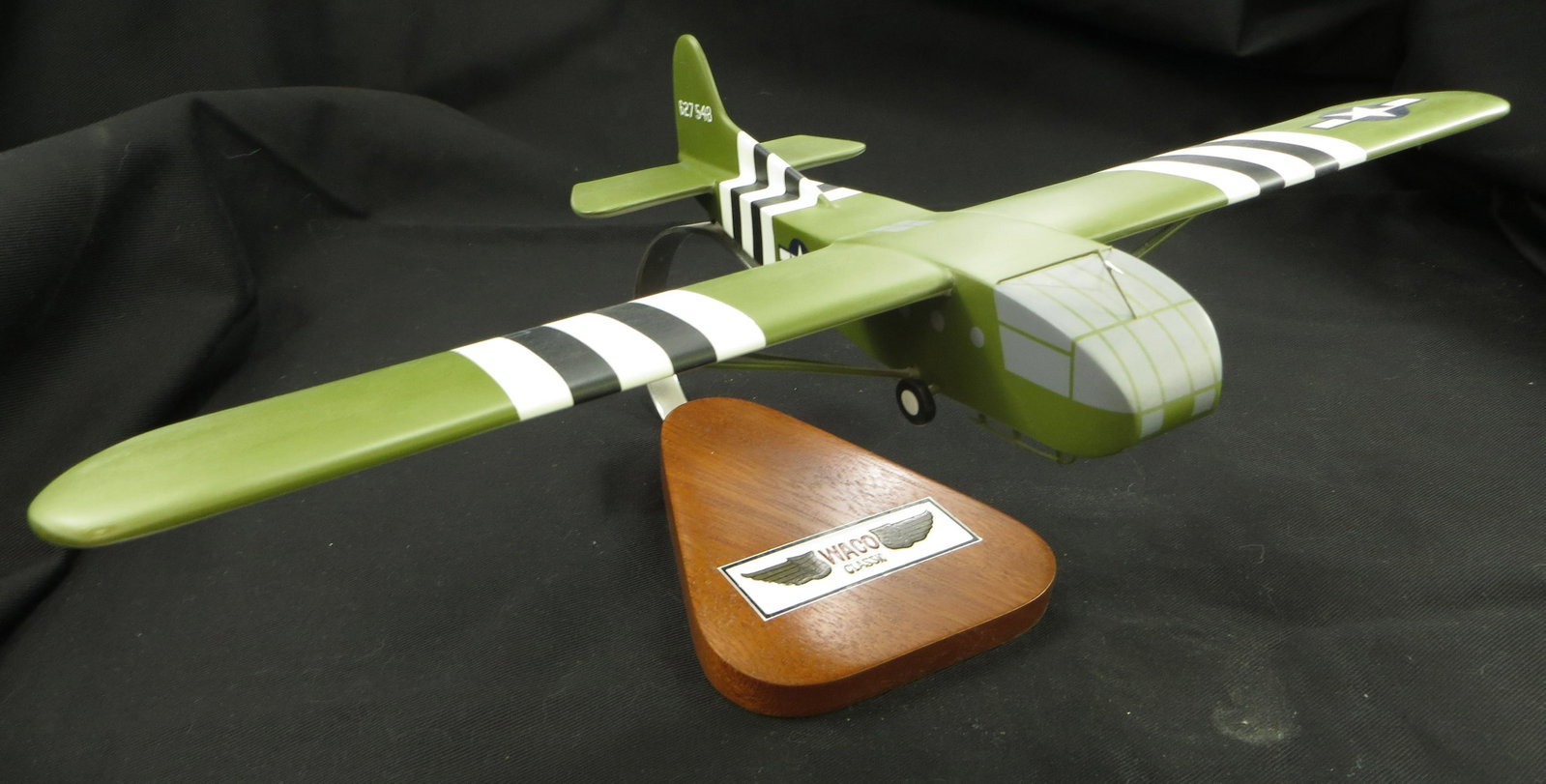WWII WACO CLASSIC ASSAULT GLIDER MODEL: Plastic with wood base; tail: 627548; width-18", VG-EX