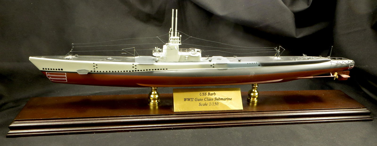 WWII USS BARB MODEL: Gato class submarine; scale 1/150; plastic with wood base; L-27 1/2", VG-EX DUE TO THE DELICATE NATURE OF THIS MODEL, WE CANNOT SHIP THIS ITEM IN HOUSE