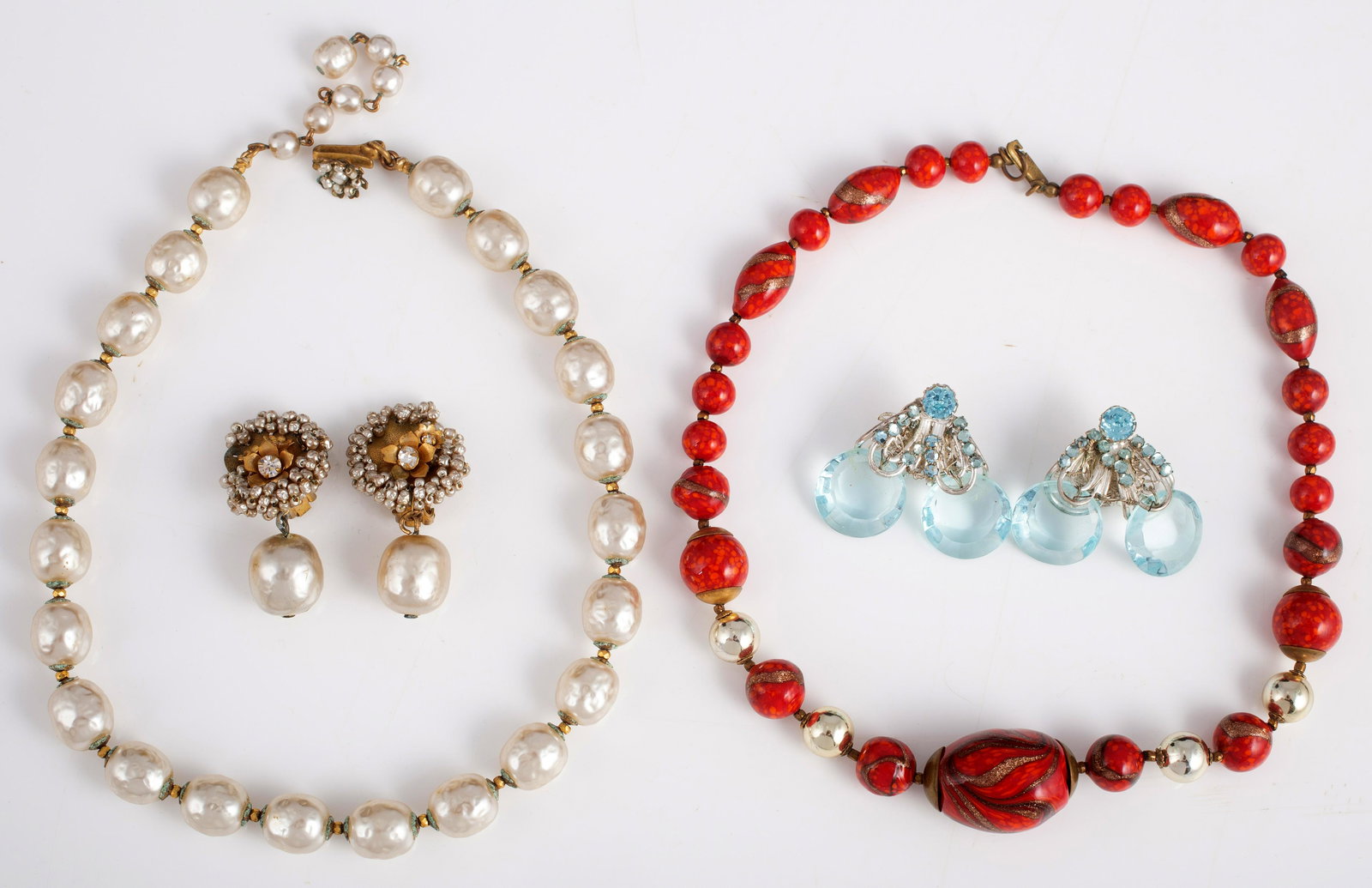 MIRIAM HASKELL JEWELRY (4) PCS.: (2) beaded necklaces, (2) pairs clip earrings, 1-pair of earrings needs repair, minor oxidation on white beaded necklace, longest L-17", G-VG