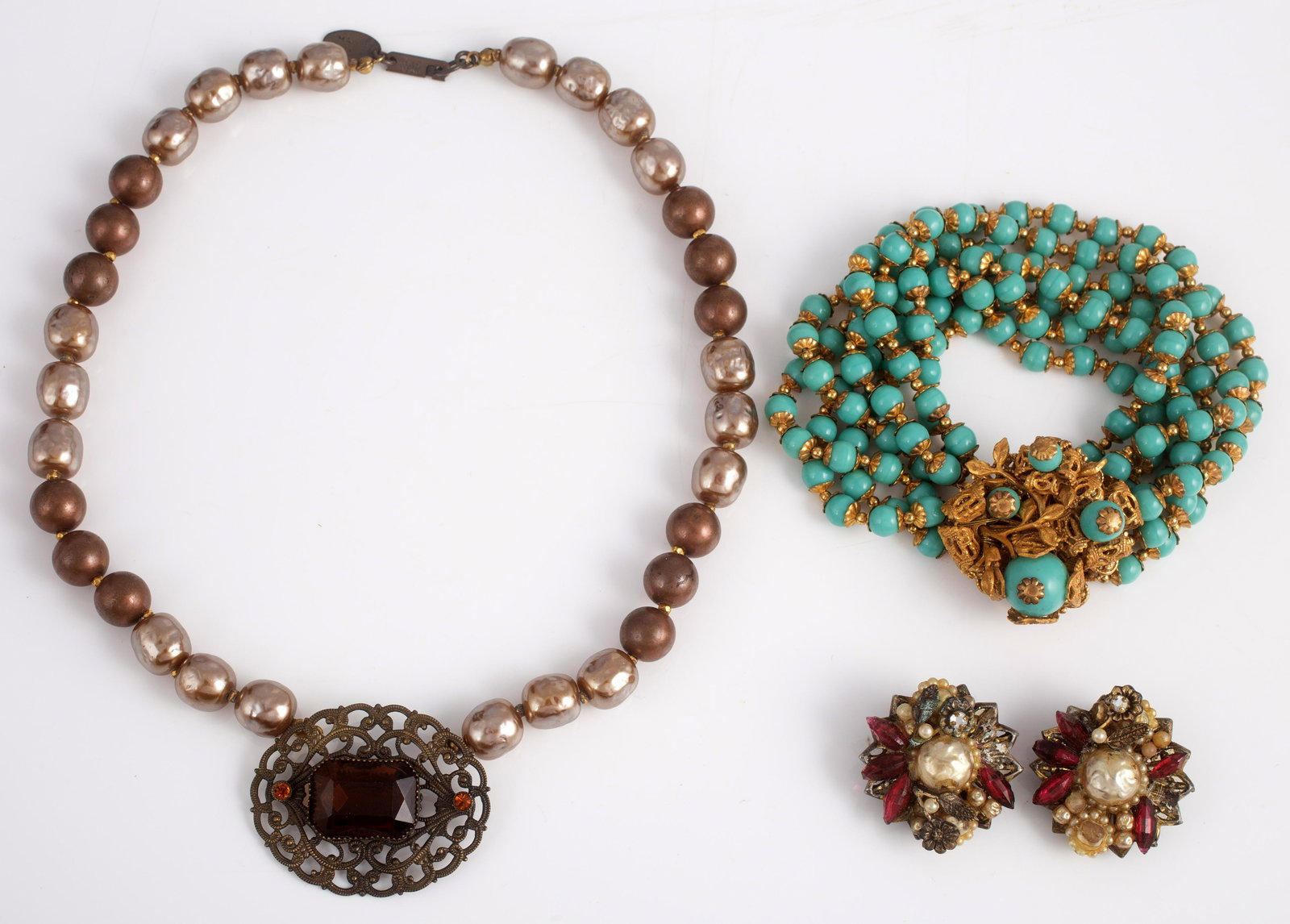MIRIAM HASKELL JEWELRY (3) PIECES: (1) necklace, marked Haskell; (1) bracelet: unmarked; (1) pair earrings, clip, missing some stones; longest L-16", G-VG