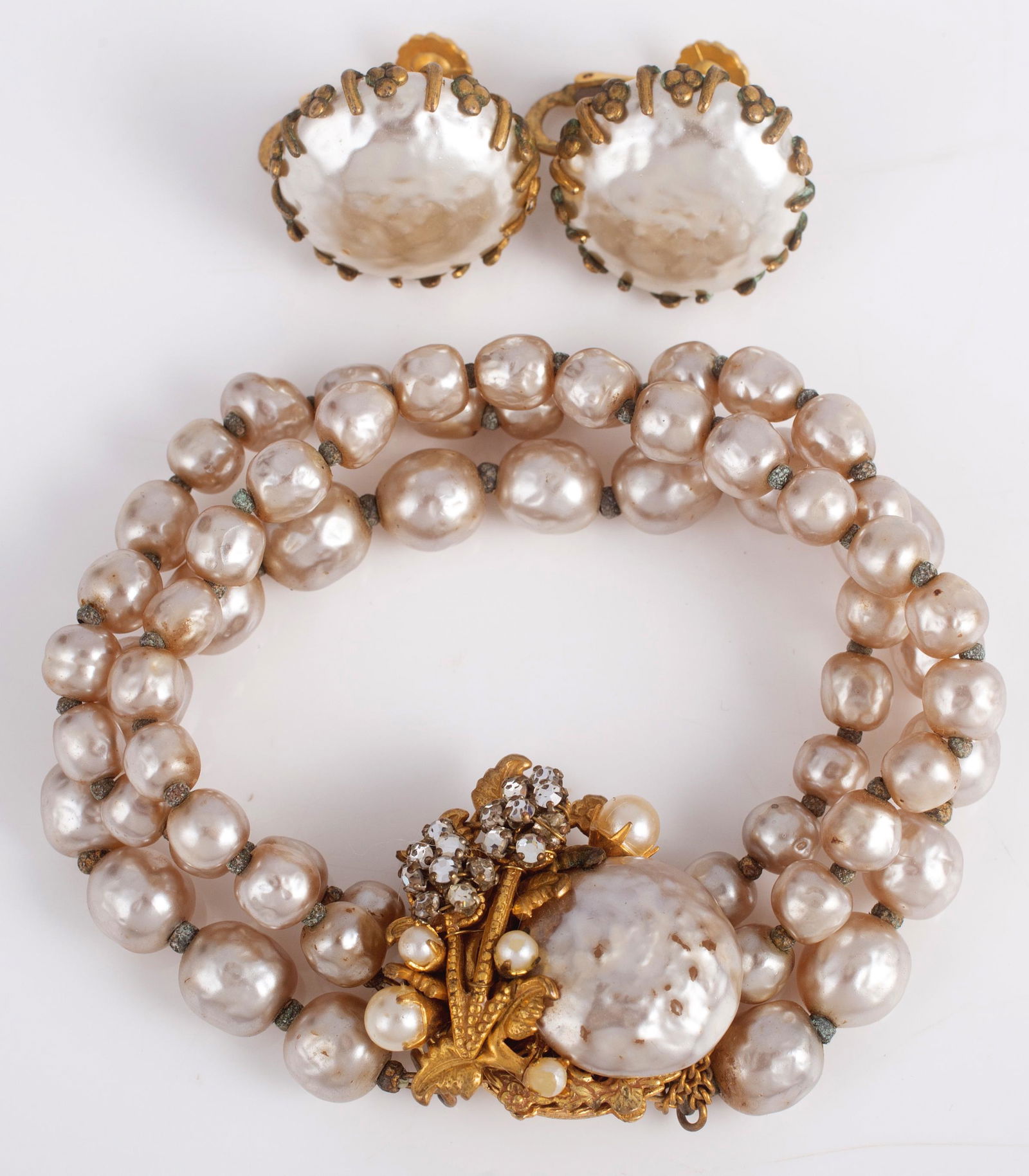 MIRIAM HASKELL BRACELET & EARRING SET: Screw-back earrings, normal wear; bracelet L-7 1/2", G-VG