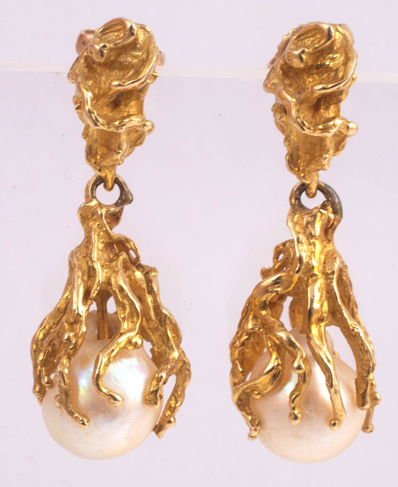 14K GOLD & PEARL EARRINGS: Nugget style earrings, two part construction; 9.5 mm baroque style pearls; friction backs/posts; L-1 1/2", total weight 11.37 grams