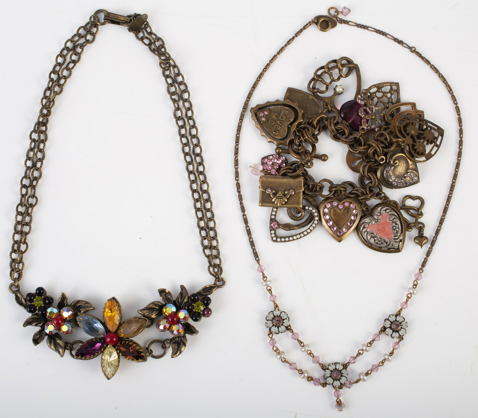 (3) VINTAGE LOOK CONTEMPORARY COSTUME JEWELRY: (1) Sweet Romance bracelet, heart motif, toggle clasp; (1) floral rhinestone necklace, signed Liz Paiacios; (1) choker, with rhinestone flowers, signed Janny; longest 17", VG