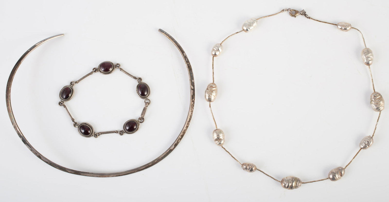 (3) PCS. STERLING JEWELRY: (1) sterling choker, stamped Sajen; (1) silver bead necklace marked Sterling LT Thailand; (1) bracelet set with deep red cabochon stones, marked 925; longest L-17 1/2", EX